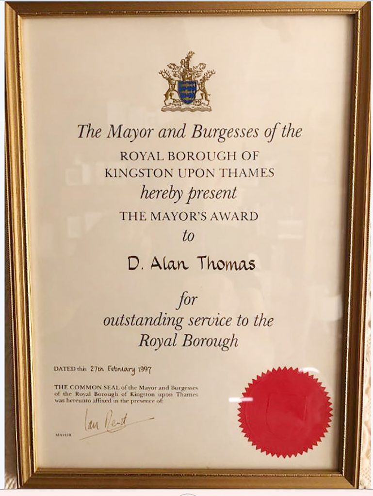 The citation for his Mayor’s Award